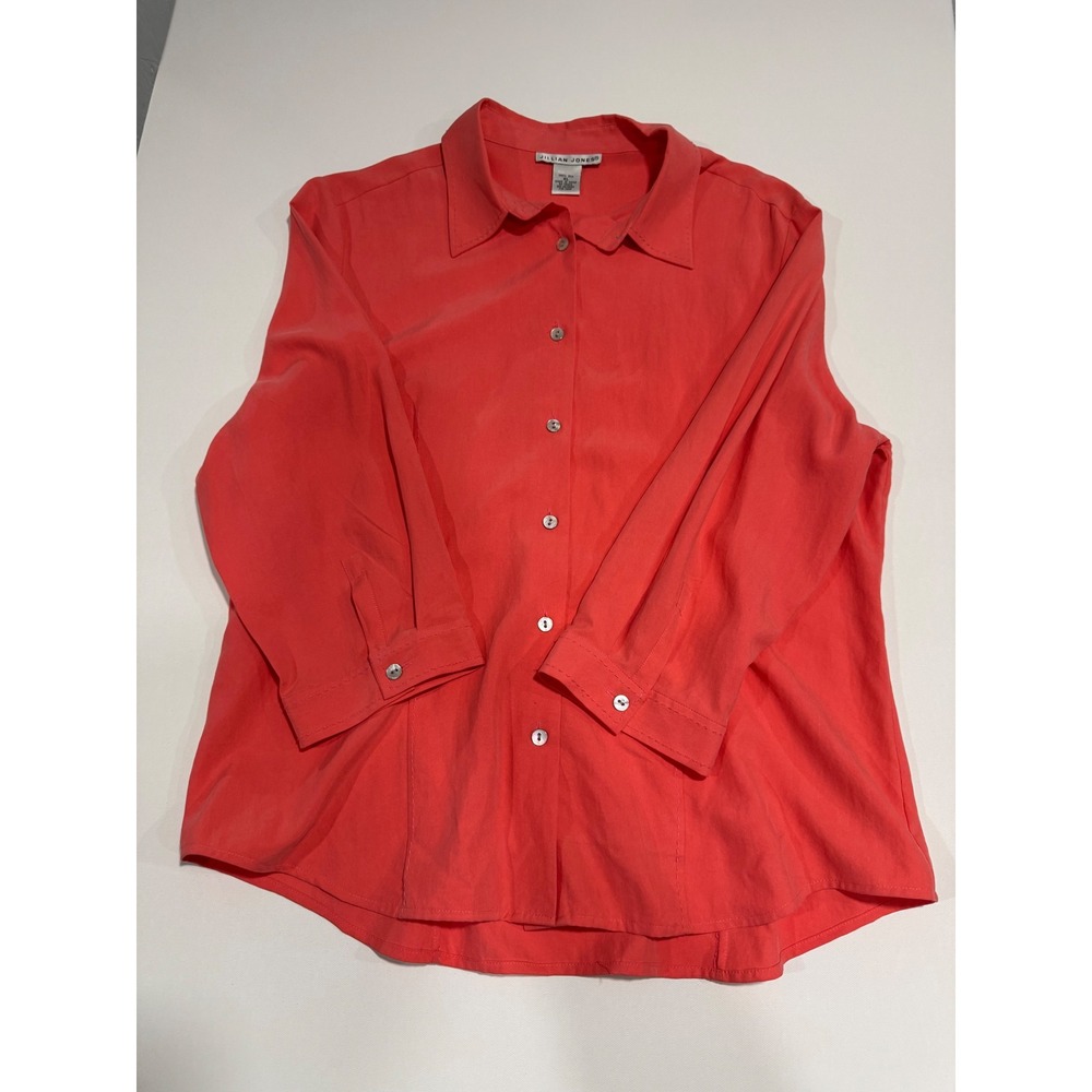Jillian Jones Coral Pink 100% Silk Button Down Shirt 3/4 Sleeve Top Women XL
